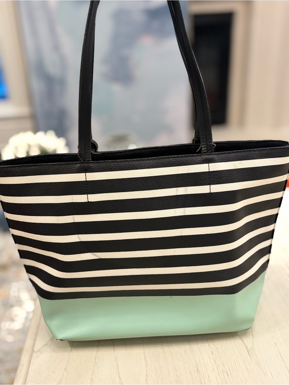 Kate Spade New York Black & White Striped Tote with Mint Trim - Picture 2 of 15
